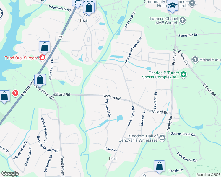 map of restaurants, bars, coffee shops, grocery stores, and more near 3506 Wynnfield Drive in High Point