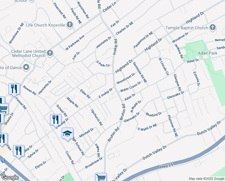 map of restaurants, bars, coffee shops, grocery stores, and more near 917 East Inskip Drive in Knoxville