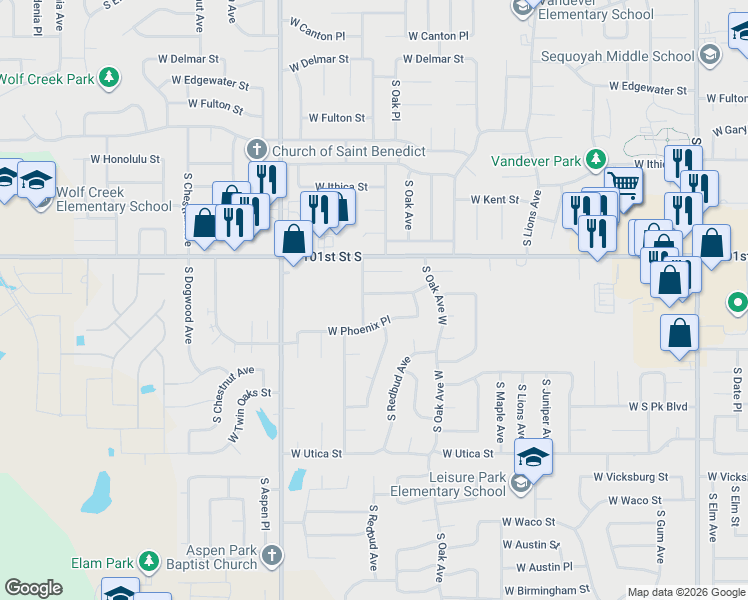 map of restaurants, bars, coffee shops, grocery stores, and more near 1603 West Orlando Street in Broken Arrow