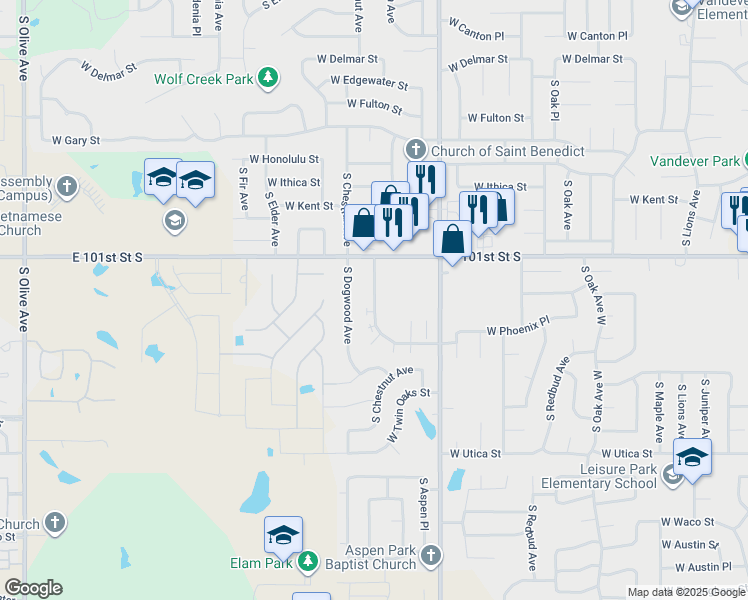 map of restaurants, bars, coffee shops, grocery stores, and more near 3600 South Chestnut Avenue in Broken Arrow