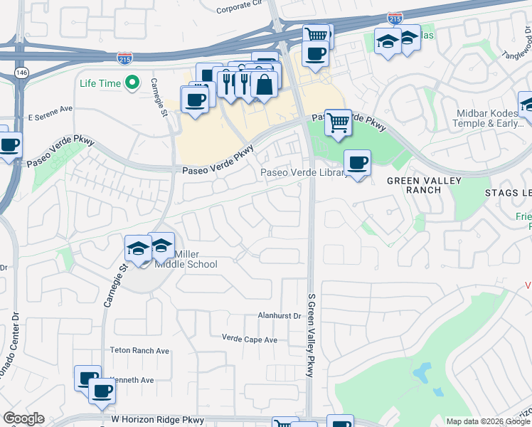 map of restaurants, bars, coffee shops, grocery stores, and more near 2287 Surrey Meadows Avenue in Henderson