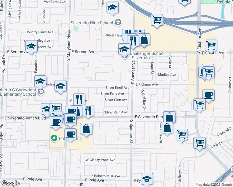 map of restaurants, bars, coffee shops, grocery stores, and more near 1661 Silver Falls Avenue in Las Vegas