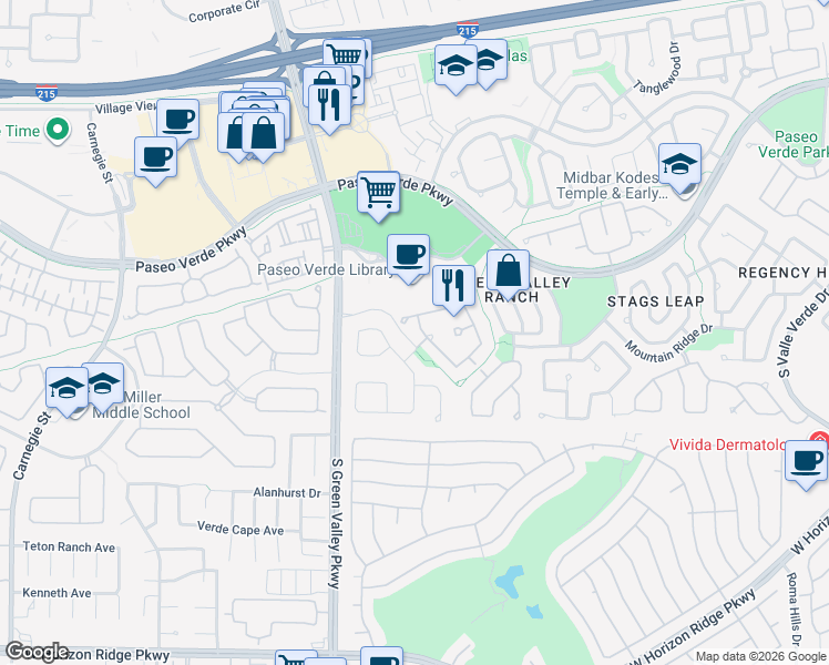 map of restaurants, bars, coffee shops, grocery stores, and more near 2150 Mooreview Street in Henderson