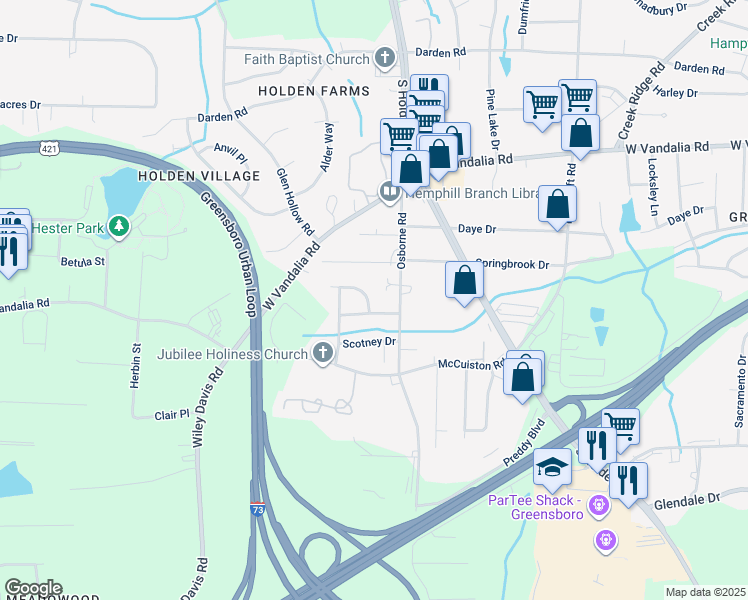 map of restaurants, bars, coffee shops, grocery stores, and more near 4202 Triston Drive in Greensboro