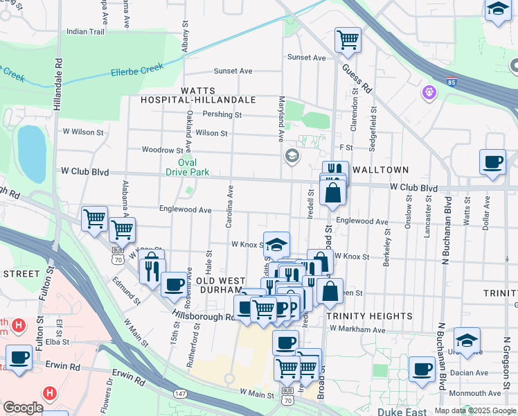 map of restaurants, bars, coffee shops, grocery stores, and more near 2020 Englewood Avenue in Durham
