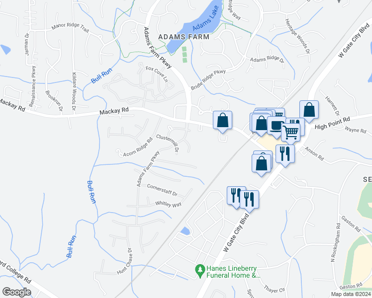 map of restaurants, bars, coffee shops, grocery stores, and more near 6 Bitter Creek Lane in Greensboro