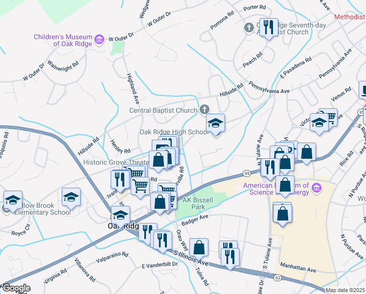 map of restaurants, bars, coffee shops, grocery stores, and more near 193 Providence Road in Oak Ridge