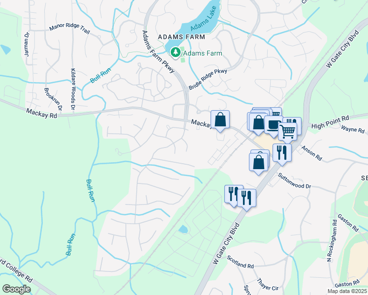map of restaurants, bars, coffee shops, grocery stores, and more near 6 Bitter Creek Lane in Greensboro