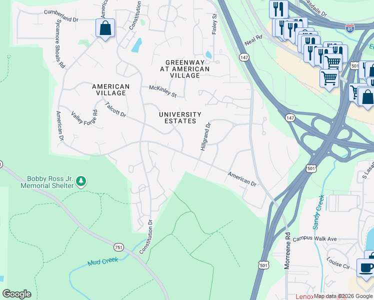 map of restaurants, bars, coffee shops, grocery stores, and more near 4006 Westfield Drive in Durham