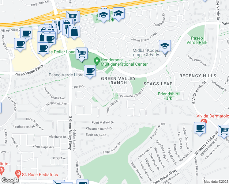 map of restaurants, bars, coffee shops, grocery stores, and more near 2048 Smoketree Village Street in Henderson