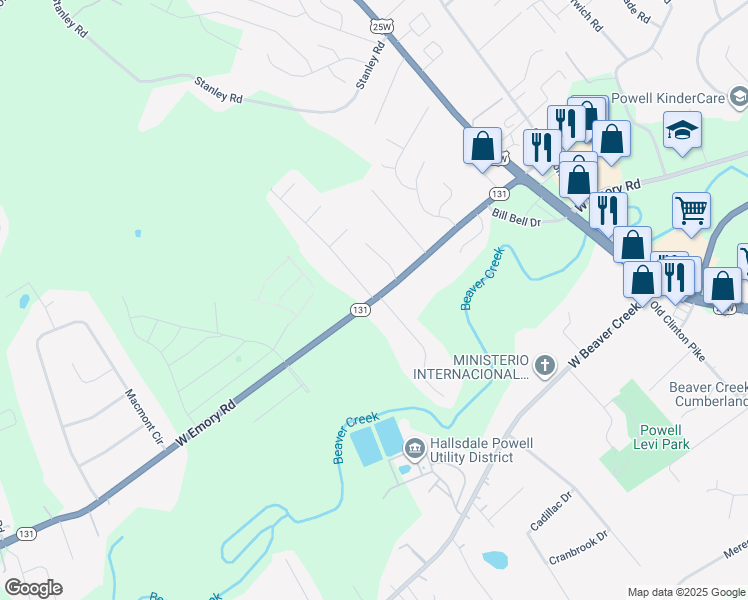 map of restaurants, bars, coffee shops, grocery stores, and more near 4157 West Emory Road in Powell