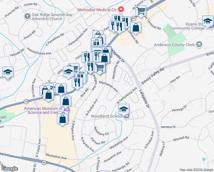 map of restaurants, bars, coffee shops, grocery stores, and more near 1199 Oak Ridge Turnpike in Oak Ridge