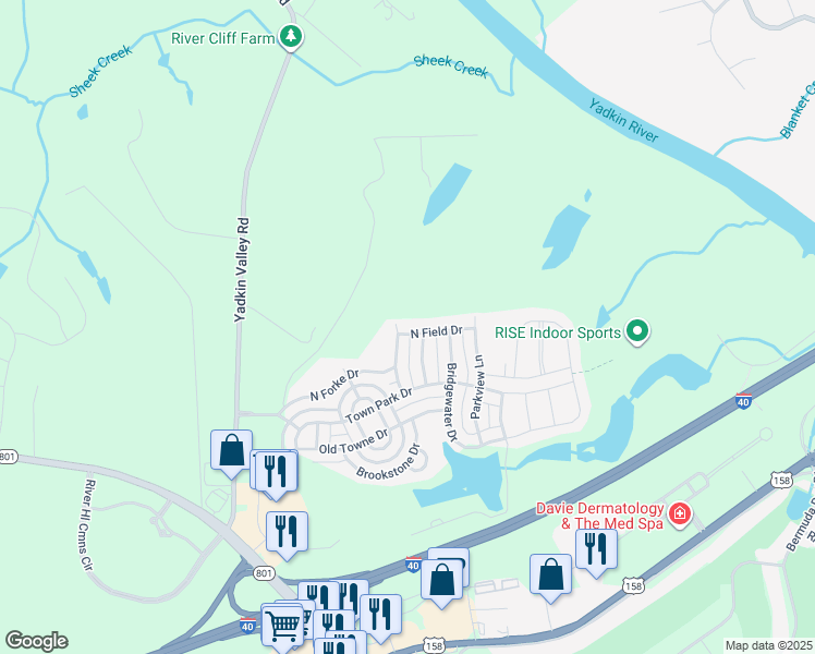 map of restaurants, bars, coffee shops, grocery stores, and more near 109 North Field Drive in Advance