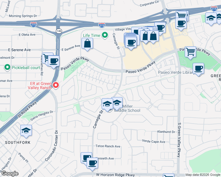 map of restaurants, bars, coffee shops, grocery stores, and more near 275 Spectacular Street in Henderson