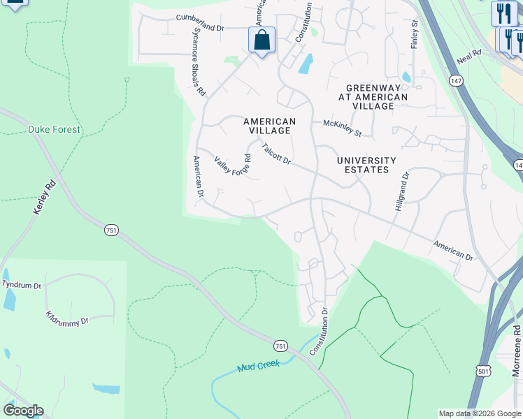 map of restaurants, bars, coffee shops, grocery stores, and more near 2 Carson Circle in Durham