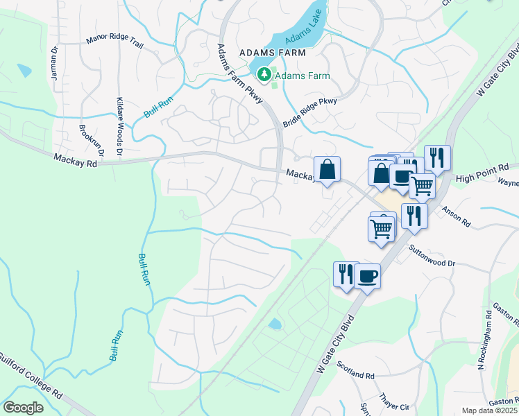map of restaurants, bars, coffee shops, grocery stores, and more near 5407 Clustermill Drive in Greensboro