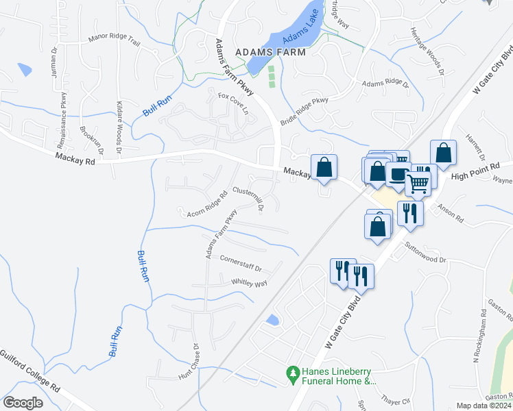 map of restaurants, bars, coffee shops, grocery stores, and more near 5503 Clustermill Drive in Greensboro