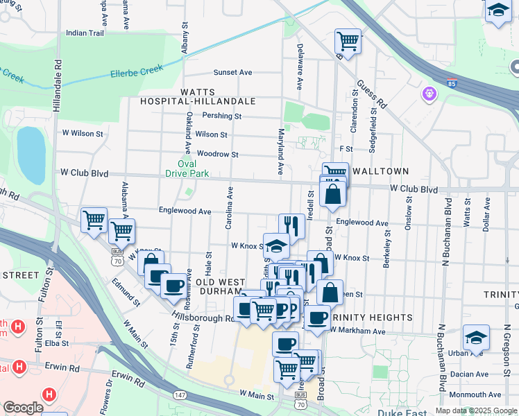 map of restaurants, bars, coffee shops, grocery stores, and more near 2019 West Club Boulevard in Durham