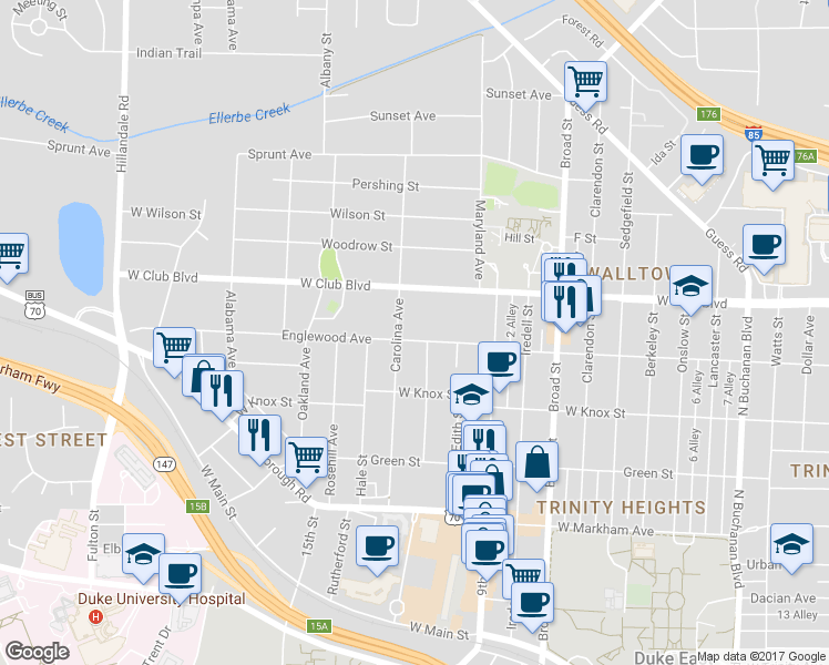 map of restaurants, bars, coffee shops, grocery stores, and more near 1125 Carolina Avenue in Durham
