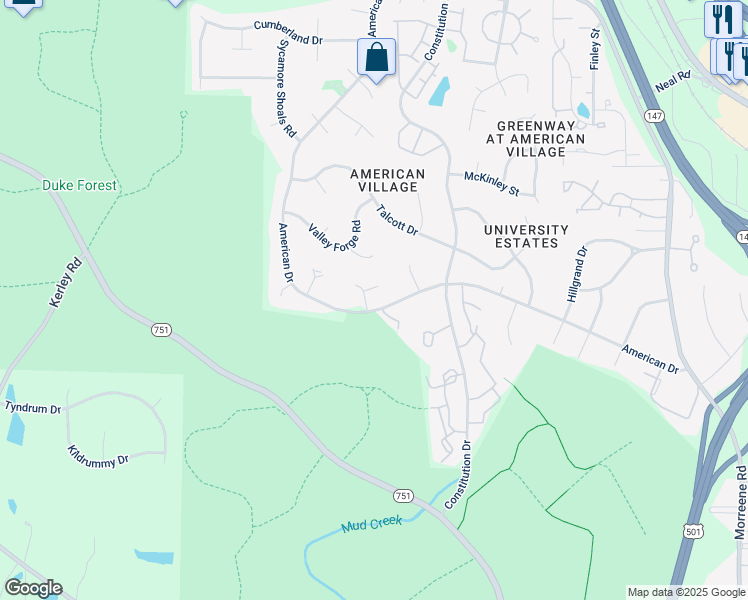 map of restaurants, bars, coffee shops, grocery stores, and more near 2a Carson Circle in Durham