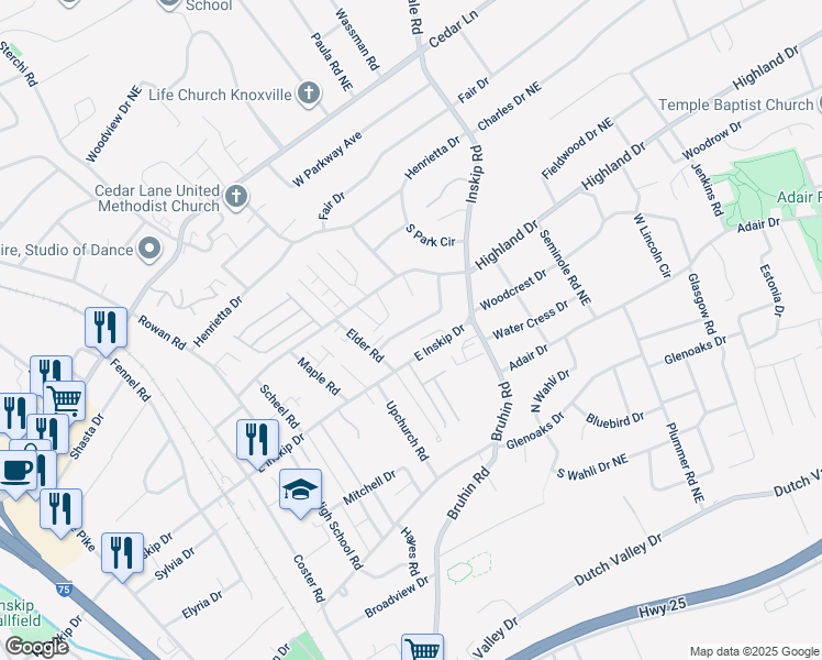 map of restaurants, bars, coffee shops, grocery stores, and more near 906 Blue Spruce Way in Knoxville