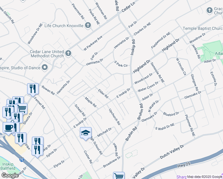 map of restaurants, bars, coffee shops, grocery stores, and more near 906 Blue Spruce Way in Knoxville