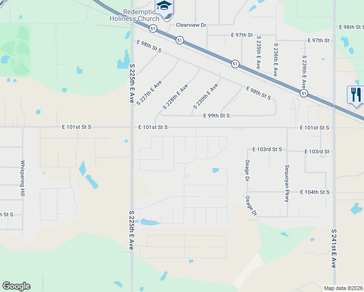 map of restaurants, bars, coffee shops, grocery stores, and more near 23300 East 101st Street in Broken Arrow