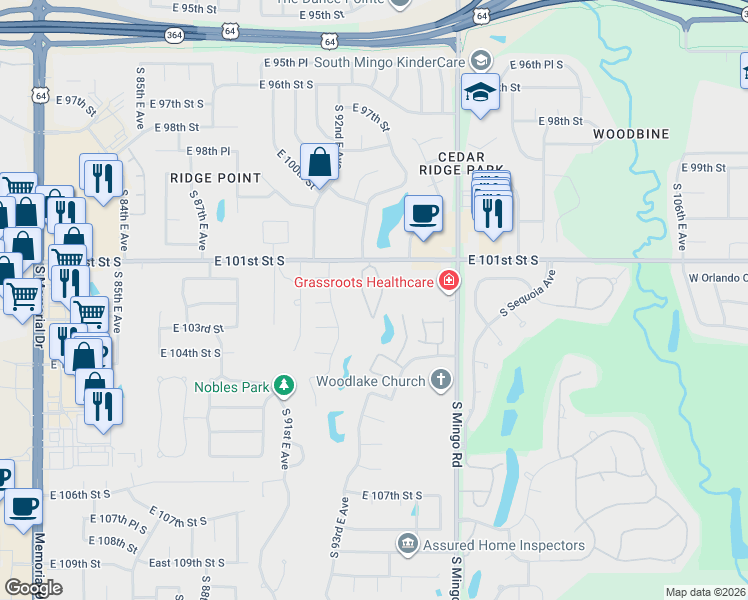 map of restaurants, bars, coffee shops, grocery stores, and more near 10115 South 94th East Avenue in Tulsa