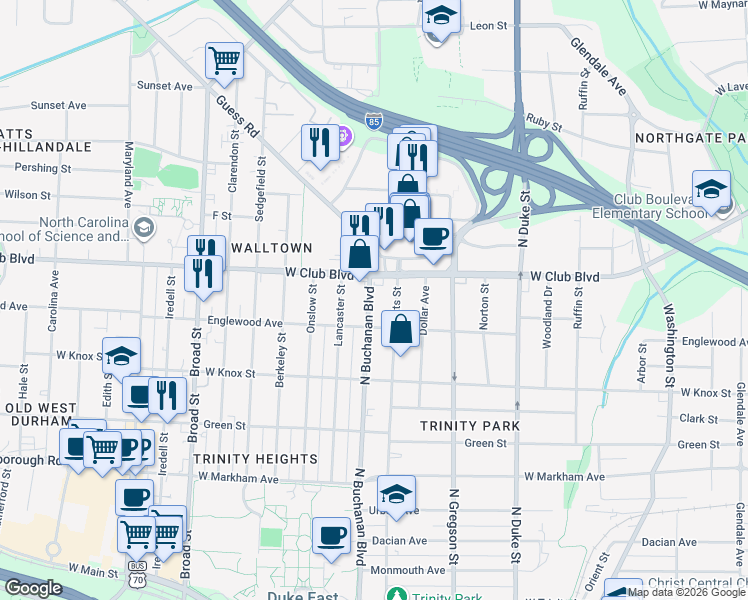 map of restaurants, bars, coffee shops, grocery stores, and more near 1117 North Buchanan Boulevard in Durham