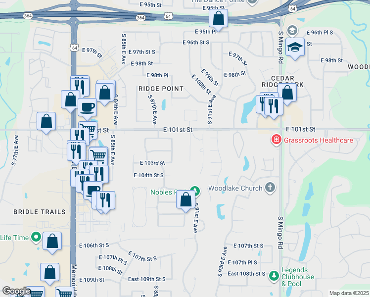 map of restaurants, bars, coffee shops, grocery stores, and more near 9006 East 101st Street in Tulsa