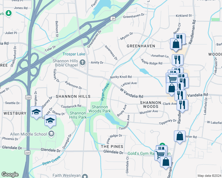 map of restaurants, bars, coffee shops, grocery stores, and more near 911 Tipperary Drive in Greensboro