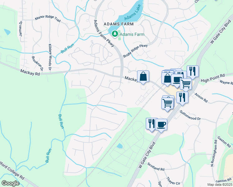 map of restaurants, bars, coffee shops, grocery stores, and more near 5406 Clustermill Drive in Greensboro