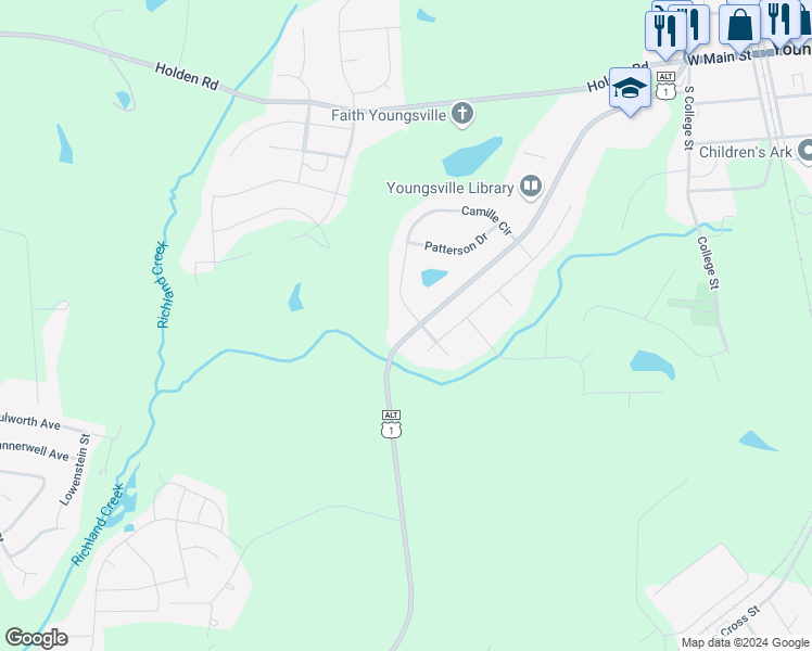 map of restaurants, bars, coffee shops, grocery stores, and more near 214 Camille Circle in Youngsville