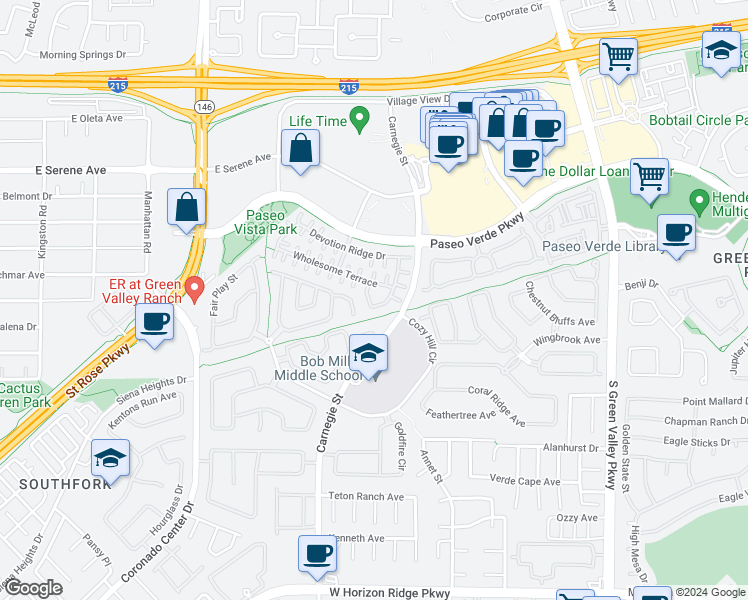 map of restaurants, bars, coffee shops, grocery stores, and more near 2414 Esteem Ridge Drive in Henderson