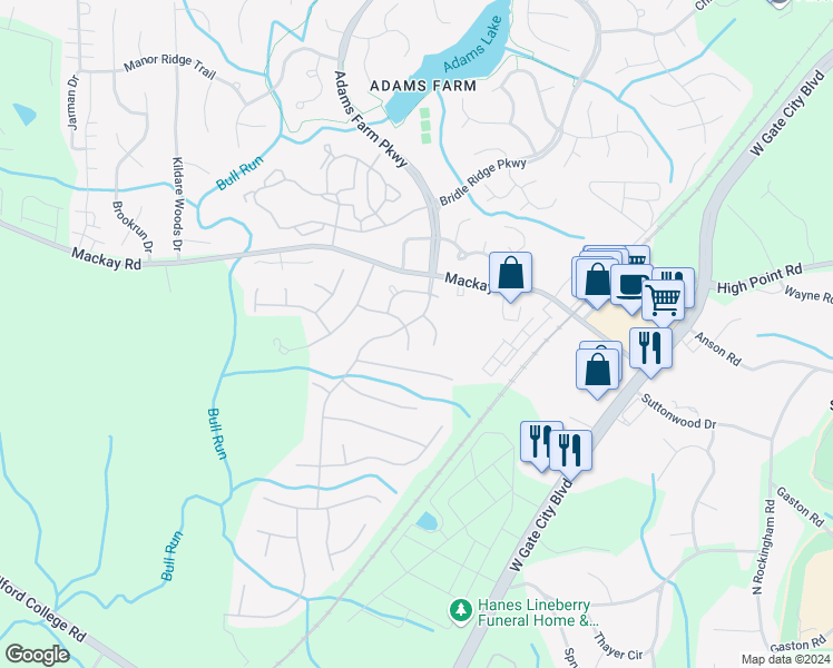 map of restaurants, bars, coffee shops, grocery stores, and more near 5406 Clustermill Drive in Greensboro