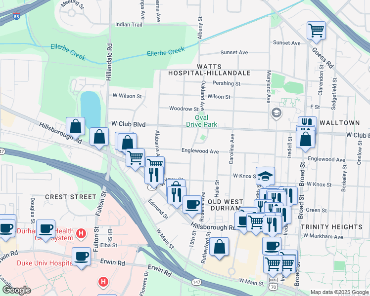 map of restaurants, bars, coffee shops, grocery stores, and more near 1107 Virginia Avenue in Durham