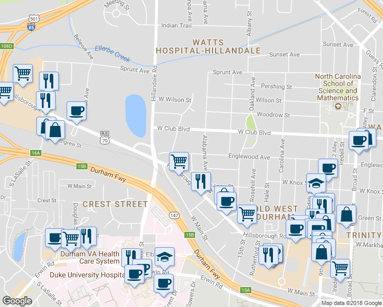 map of restaurants, bars, coffee shops, grocery stores, and more near 2499 Englewood Avenue in Durham