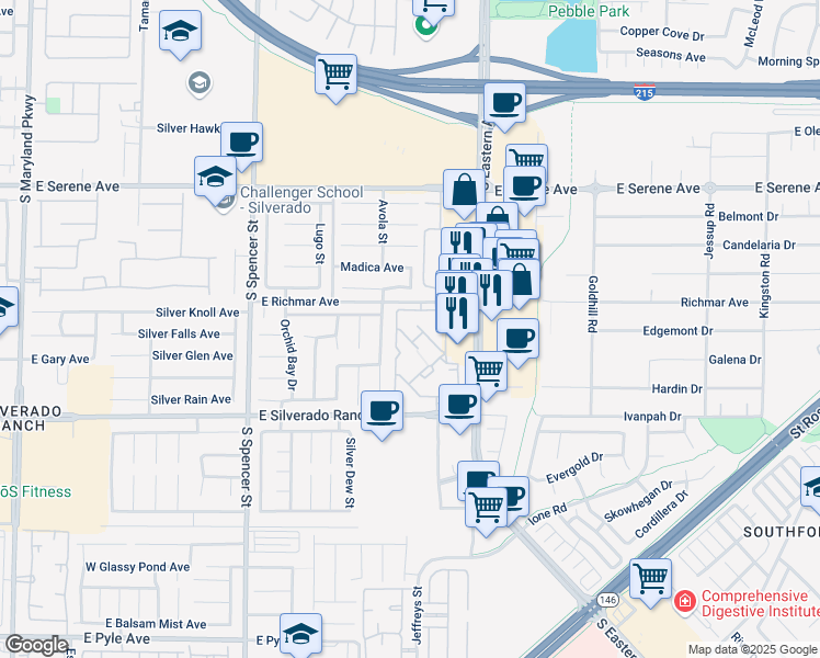 map of restaurants, bars, coffee shops, grocery stores, and more near 2300 East Silverado Ranch Boulevard in Las Vegas