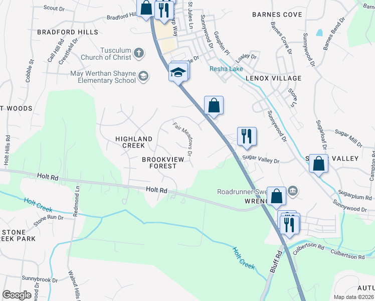 map of restaurants, bars, coffee shops, grocery stores, and more near 3604 Fairmeadows Court in Nashville