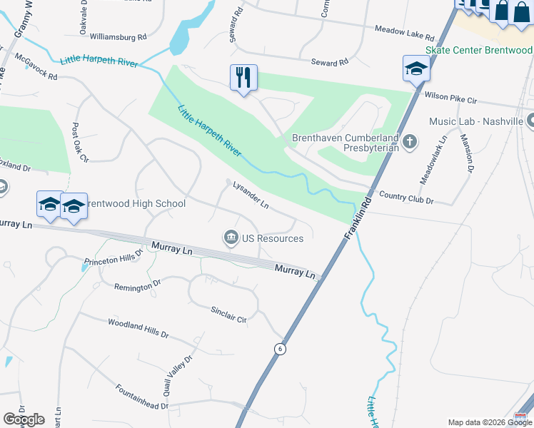 map of restaurants, bars, coffee shops, grocery stores, and more near 5236 Lysander Lane in Brentwood