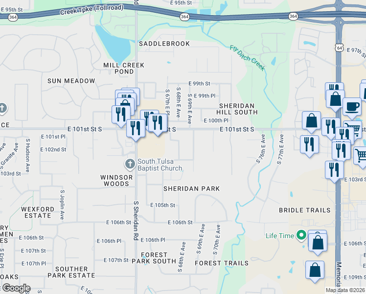 map of restaurants, bars, coffee shops, grocery stores, and more near 10106 South 69th East Avenue in Tulsa