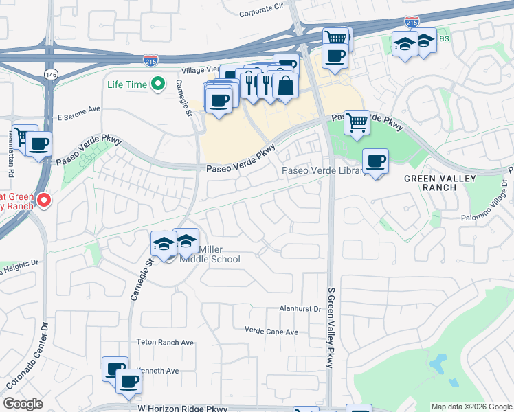 map of restaurants, bars, coffee shops, grocery stores, and more near 325 Brilliant Summit Circle in Henderson