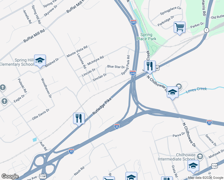 map of restaurants, bars, coffee shops, grocery stores, and more near 5001 Rutledge Pike in Knoxville