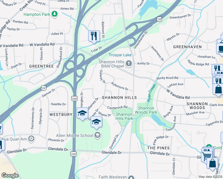 map of restaurants, bars, coffee shops, grocery stores, and more near 2107 Kylemore Drive in Greensboro