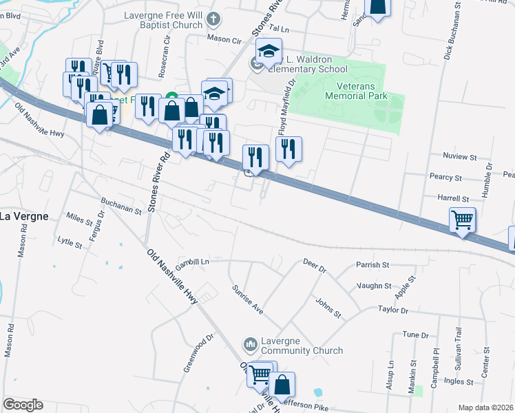 map of restaurants, bars, coffee shops, grocery stores, and more near 117 Glendale Drive in La Vergne