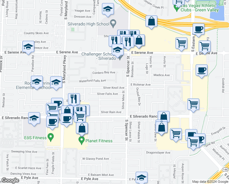 map of restaurants, bars, coffee shops, grocery stores, and more near 1676 Silver Falls Avenue in Las Vegas