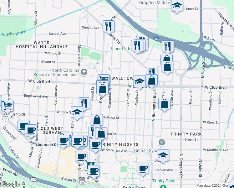 map of restaurants, bars, coffee shops, grocery stores, and more near 1111 Sedgefield Street in Durham