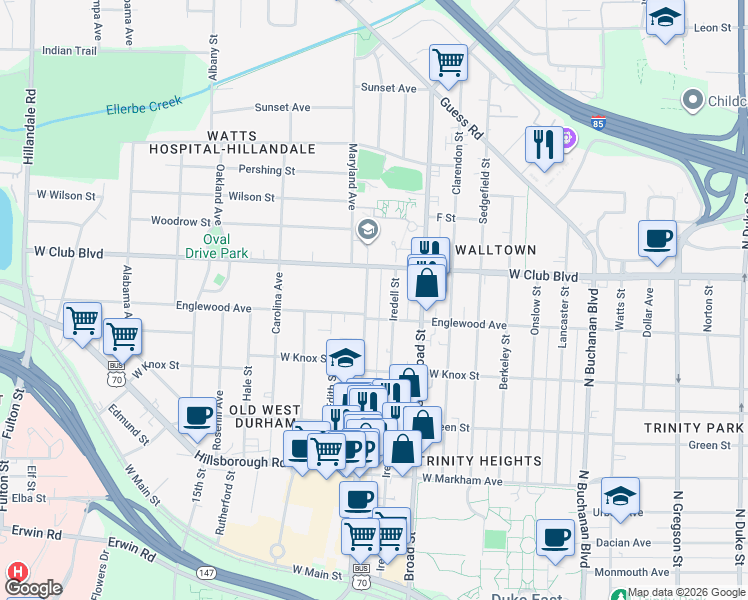 map of restaurants, bars, coffee shops, grocery stores, and more near 1115 Iredell Street in Durham