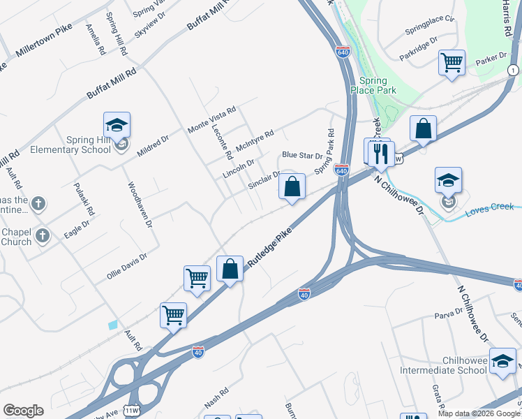 map of restaurants, bars, coffee shops, grocery stores, and more near 1016 Leconte Road in Knoxville