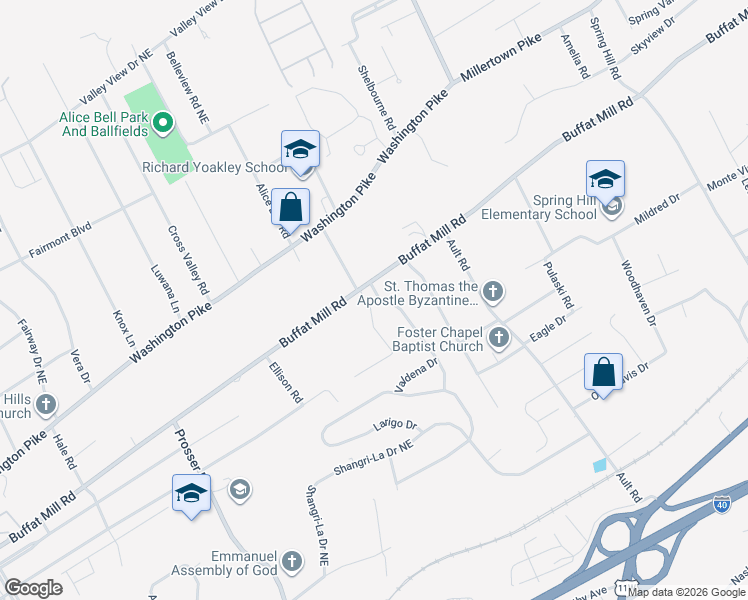 map of restaurants, bars, coffee shops, grocery stores, and more near 4020 Buffat Mill Road in Knoxville